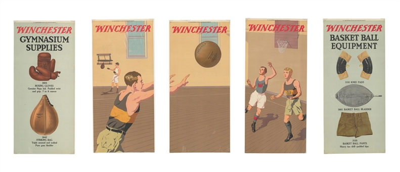 1920s Winchester Sporting Goods 5-Panel Basketball Equipment Store Display With Instructions